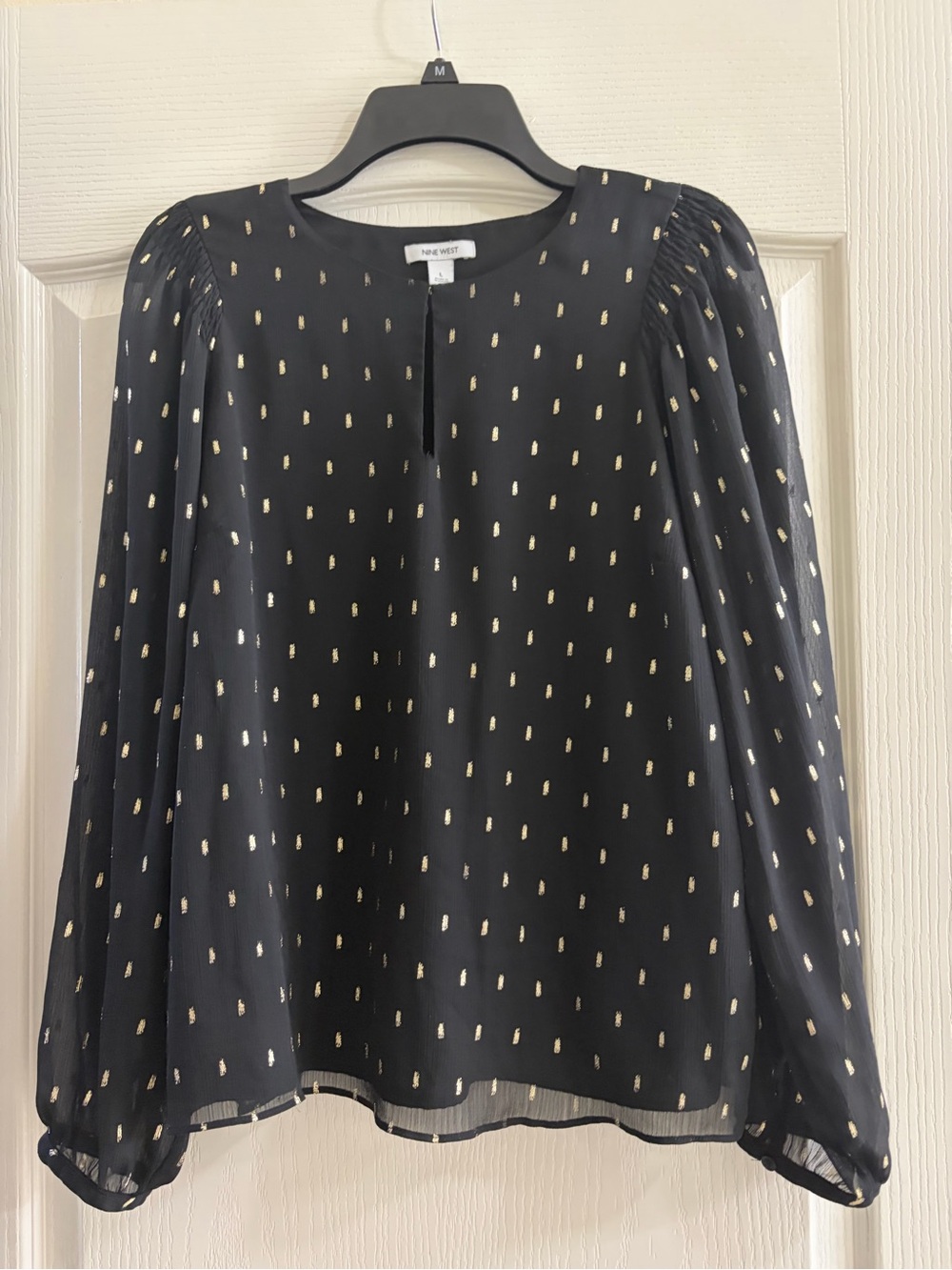 Nine West Black Gold Metallic Dot Sheer Puff Sleeve Blouse Size Large